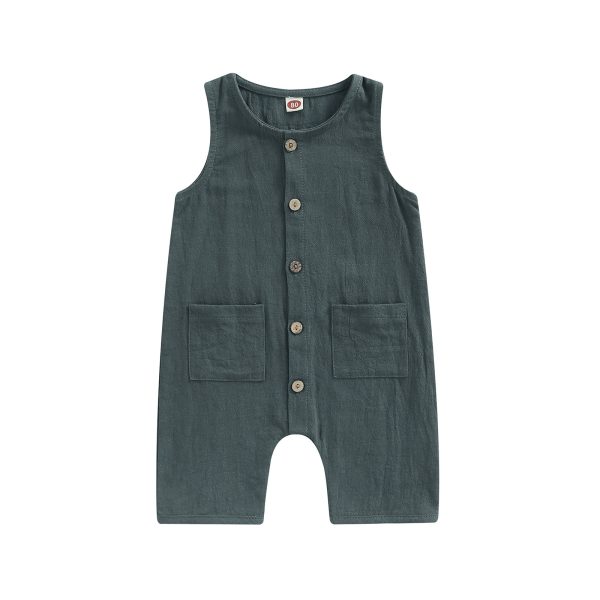 Children's Solid Color Casual Button Pocket Jumpsuit - Image 3