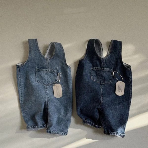 Korean Style Denim Blue Solid Color Pocket Siamese Suspender Trousers For Boys And Girls