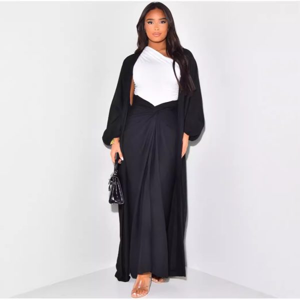 Women's Solid Color Casual Lantern Sleeve Robe Coat Skirt Suit - Image 6