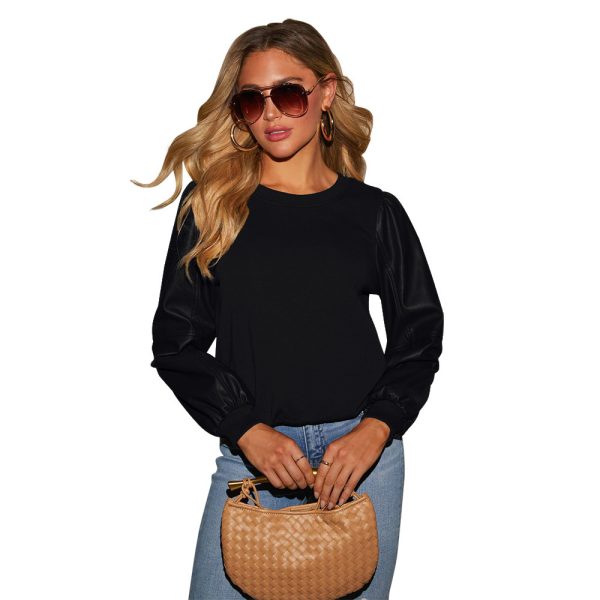 PU Leather Stitching Long Sleeve Round Neck Solid Color Fashion Top - Image 6