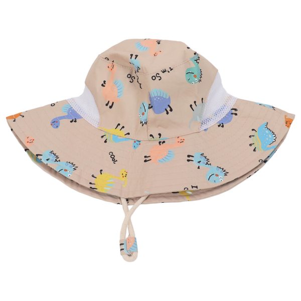 Baby Fisherman Hat Breathable Cartoon Printed Infant Sun Protection Hat with Windproof Rope for 6 Months to 3 Years Old Khaki Dinosaur