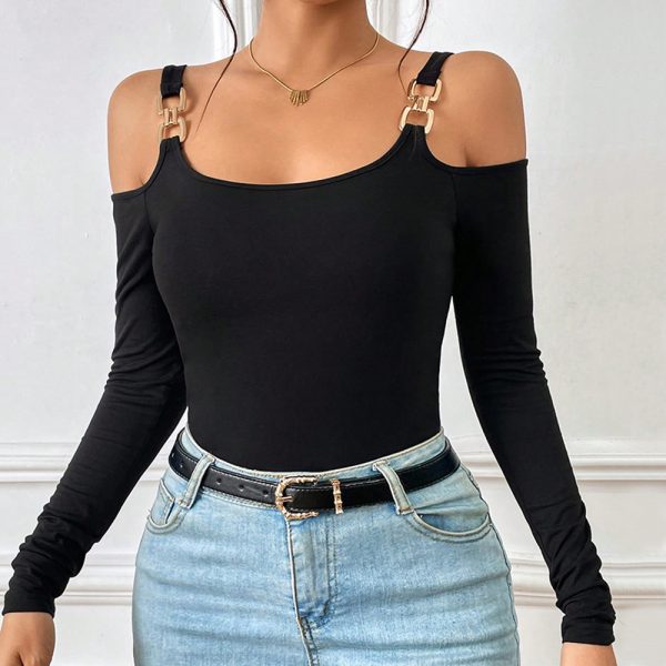 Women's Spring And Summer Fashion Simple Suspender Off-Shoulder Metal Hook Long-Sleeved Sexy Top - Image 4