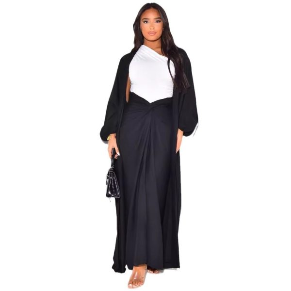 Women's Solid Color Casual Lantern Sleeve Robe Coat Skirt Suit - Image 5