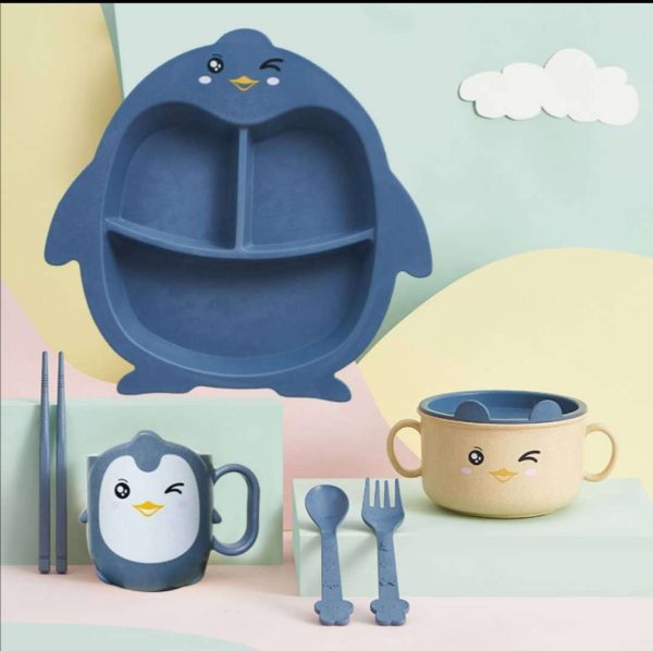 Penguin Children's Cutlery 6-piece Set Cartoon Grid Plate Binaural Bowl with Lid - Image 8
