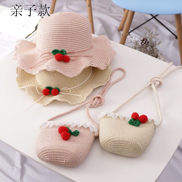 Girl Cherry Straw Hat Bag Set Princess Hat Beach Hat Sun Hat - Image 3