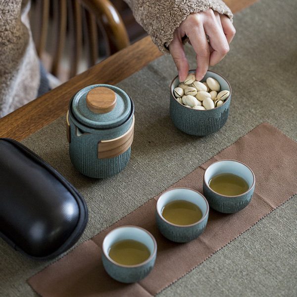 Bluestone Glaze Striped Quick Guest Cup One Pot Two Cups Four Cups Ceramic Travel Portable Tea Set Outdoor - Image 8