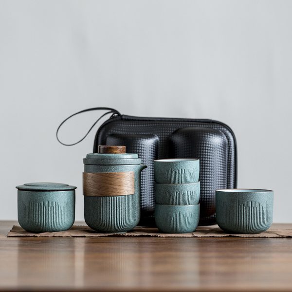 Bluestone Glaze Striped Quick Guest Cup One Pot Two Cups Four Cups Ceramic Travel Portable Tea Set Outdoor - Image 7