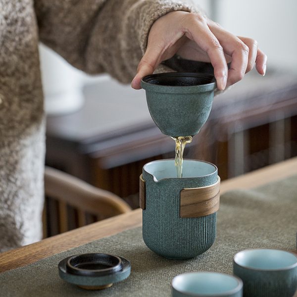 Bluestone Glaze Striped Quick Guest Cup One Pot Two Cups Four Cups Ceramic Travel Portable Tea Set Outdoor - Image 10