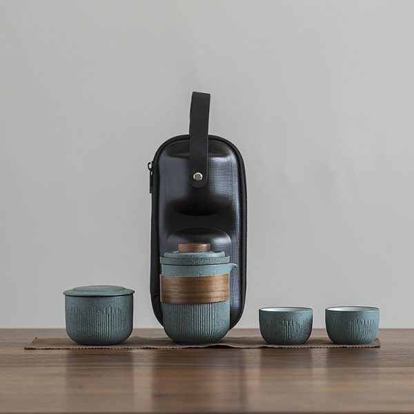 Bluestone Glaze Striped Quick Guest Cup One Pot Two Cups Four Cups Ceramic Travel Portable Tea Set Outdoor - Image 3