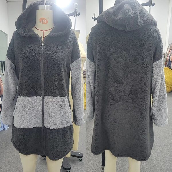 Autumn And Winter Stitching Contrast Color Double-sided Velvet Hooded Jacket Zipper Cloak Tops Warm Women - Image 3