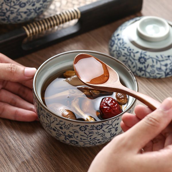 Auspicious Flower Tureen Slow Cooker Ceramic With Lid Steamed Rice Bowl - Image 3