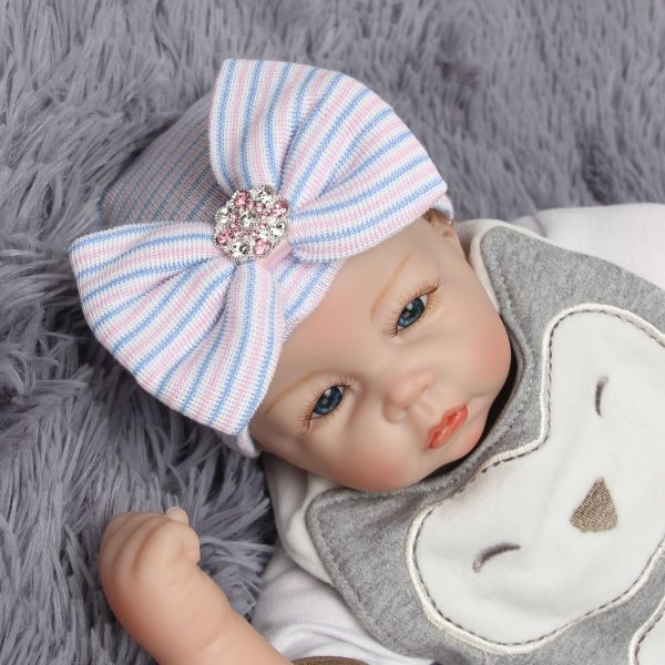 European and American baby striped tire hat big butterfly shiny diamond autumn and winter newborn baby knitted hat - Image 3