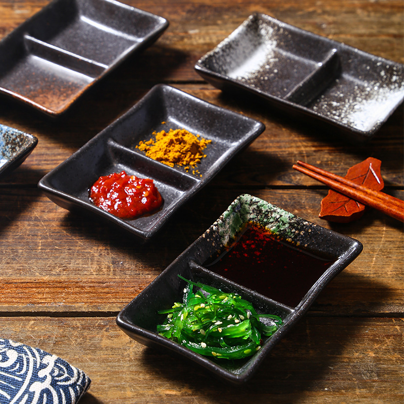 Ceramic Double-grid Korean-style Barbecue Seasoning Hot Pot Sauce Dipping Plates