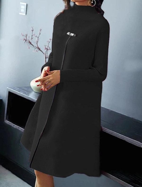 Elegant Solid Color Long Sleeve Turtleneck Slimming Large Hem Dress - Image 3