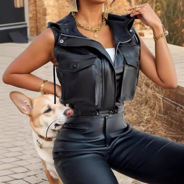 Women's Fashion Casual Zipper Leather Coat - Image 3
