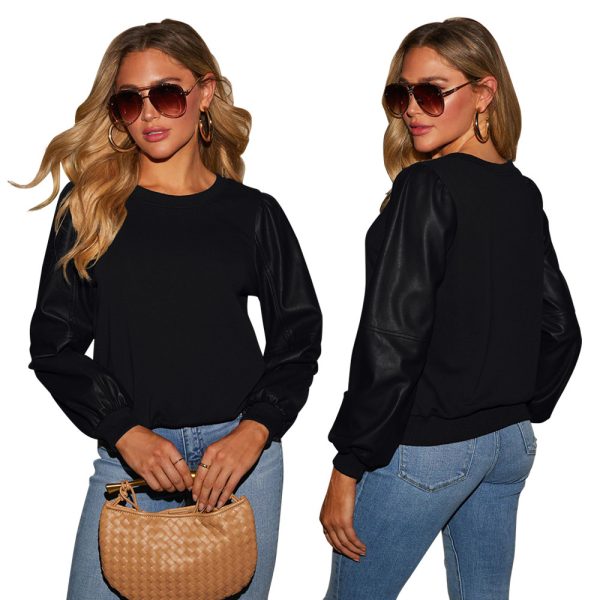 PU Leather Stitching Long Sleeve Round Neck Solid Color Fashion Top - Image 5