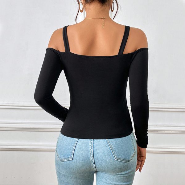 Women's Spring And Summer Fashion Simple Suspender Off-Shoulder Metal Hook Long-Sleeved Sexy Top - Image 3