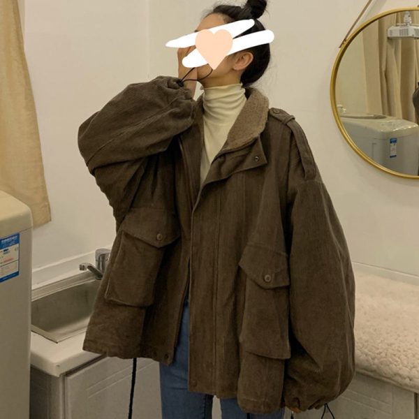 Fleece Lined Padded Warm Keeping Plus Size Corduroy Coat - Image 2