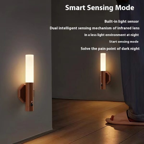 LED Wood Grain Magnetic Wall Lamp Motion Sensor USB Night Light Cabinet Closet Light Staircase Bedroom Table Bedside Lighting - Image 3