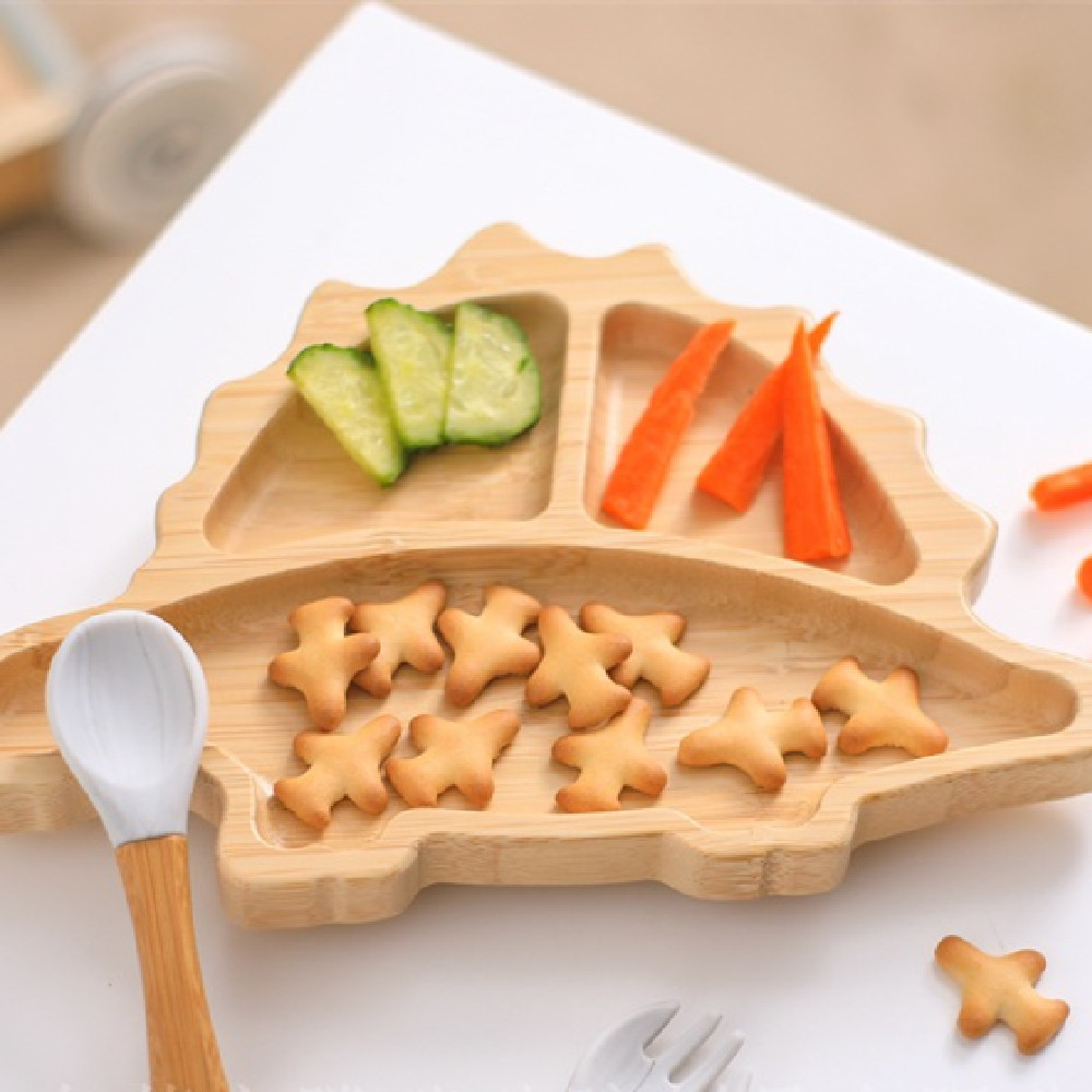 Cartoon Dinosaur Bamboo And Wood Divided Plate Sucker Integrated
