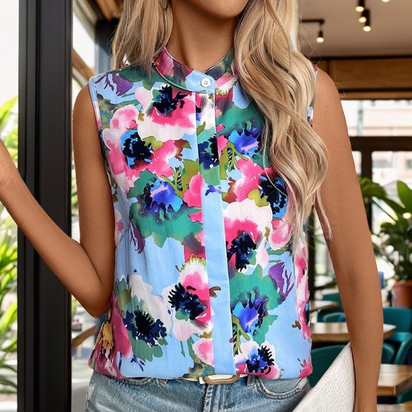 Stand Collar Sleeveless Pullover Print Blue Shirt - Image 3