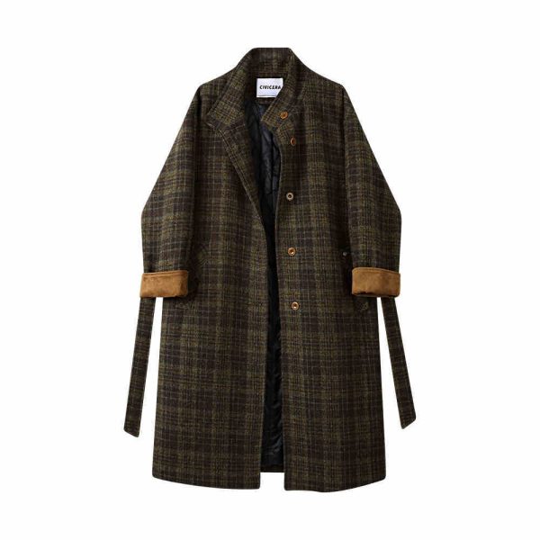 Cotton Padded Thickened Long Retro Stand Collar Checked Woolen Coat Women - Image 3