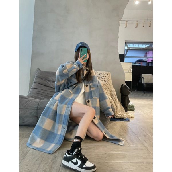 Retro Blue Plaid Contrast Color Single-breasted Loose Overcoat Coat - Image 2