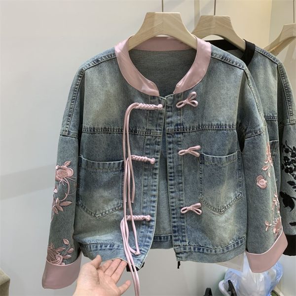 Vintage Buckle Fake Two-piece Denim Coat - Image 5