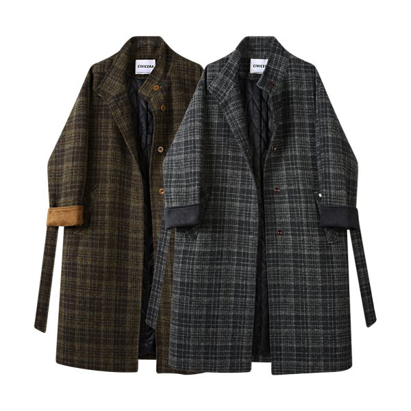 Cotton Padded Thickened Long Retro Stand Collar Checked Woolen Coat Women