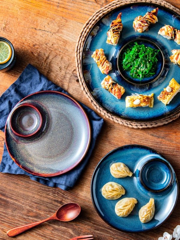 Dumpling Plate With Vinegar Dish Creative Round Underglaze Color Divided Plate - Image 8