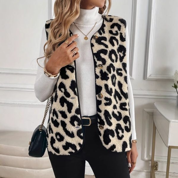 New Leopard Print Front Button Plush Fashion Vest - Image 3