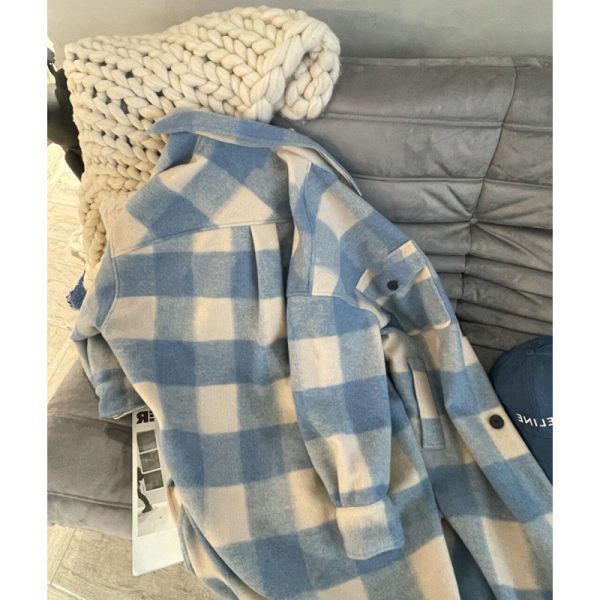 Retro Blue Plaid Contrast Color Single-breasted Loose Overcoat Coat - Image 4