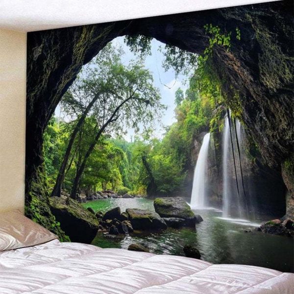 Beautiful Cave Waterfall Print Wall Hippie Tapestry Polyester Fabric Home Decor Wall Hanging Rug Carpets Waterfall - Image 2