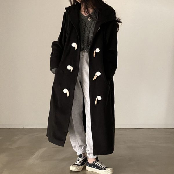 Temperament Horn Button Hooded Woolen Coat Women