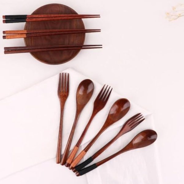 Cutlery 3PCS Fork Chopsticks Spoon Set Portable Tableware Chinese Wooden Utensils Sets Dinner Sets Long Handle Utensils With Fork Spoon Chopsticks - Image 4