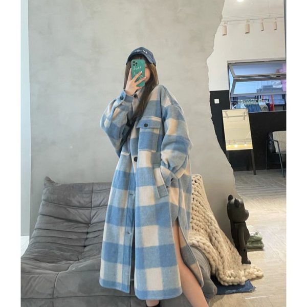 Retro Blue Plaid Contrast Color Single-breasted Loose Overcoat Coat - Image 3