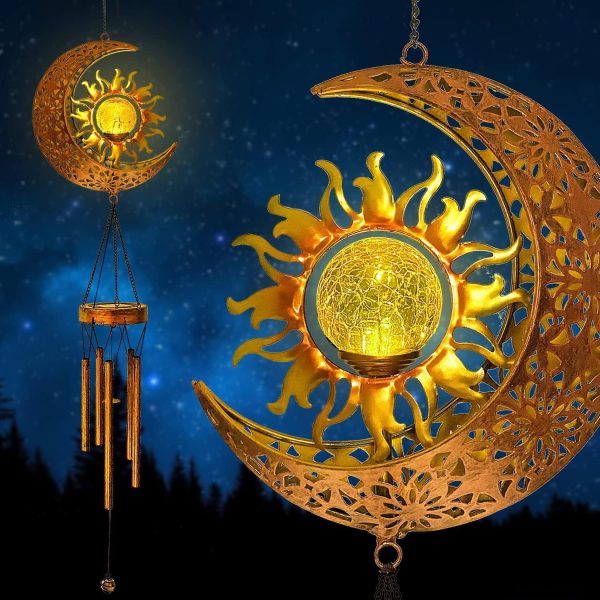 Solar Moon Sun Face Wind Chime Sun Moon Combination Iron Lamp Outdoor Hanging Lamp - Image 2