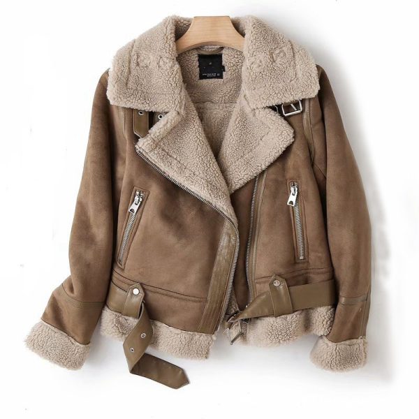 WInter Lapel Jacket Suede Lamb Wool Warm Coat Motorcycle Clothing Women Outwears - Image 2