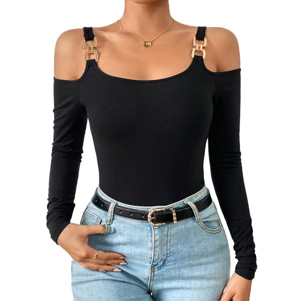 Women's Spring And Summer Fashion Simple Suspender Off-Shoulder Metal Hook Long-Sleeved Sexy Top - Image 6