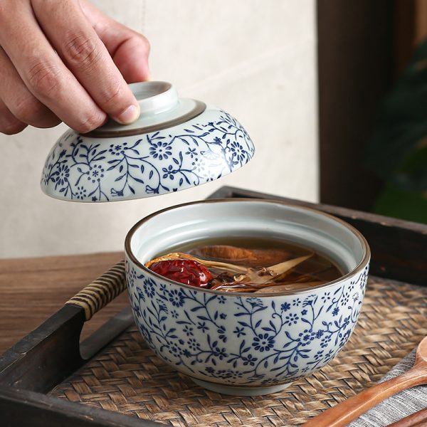 Auspicious Flower Tureen Slow Cooker Ceramic With Lid Steamed Rice Bowl - Image 5
