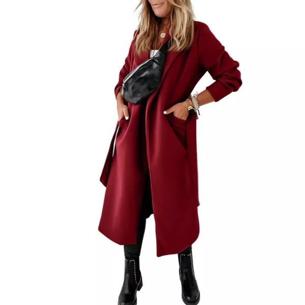 Extended Woolen Women's Coat Plus Size Lace Up - Image 2