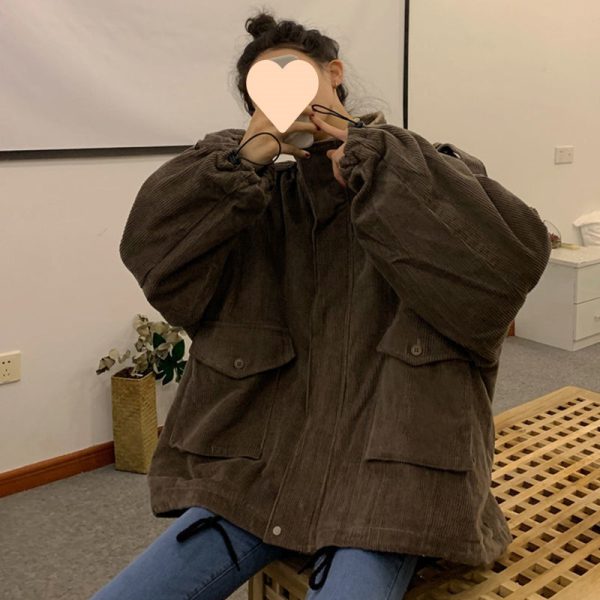 Fleece Lined Padded Warm Keeping Plus Size Corduroy Coat - Image 4