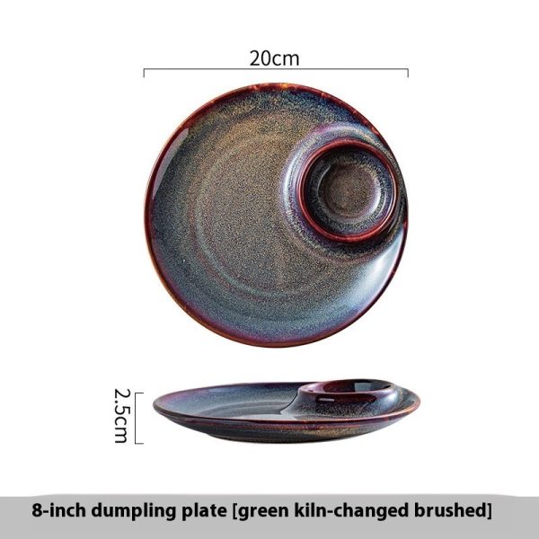 Dumpling Plate With Vinegar Dish Creative Round Underglaze Color Divided Plate - Image 5