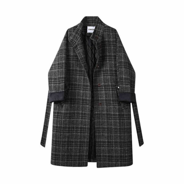 Cotton Padded Thickened Long Retro Stand Collar Checked Woolen Coat Women - Image 2