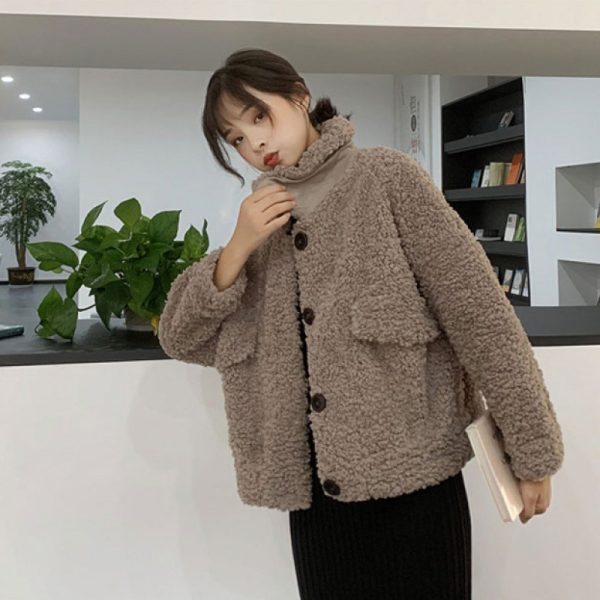 Lamb Wool Coat Women's Short Autumn And Winter Loose Plush Top Thickened - Image 3