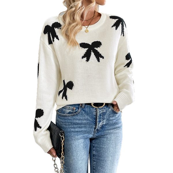 Round Neck Bowknot Jacquard Autumn And Winter Sweater Women - Image 5