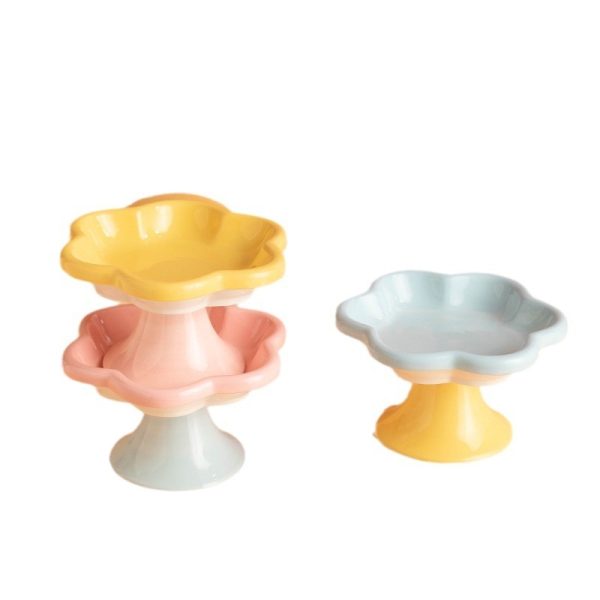 Pet Ceramic Cat Bowl Flower High Foot Anti-turning Enamel Stain Resistant Supplies Food Basin - Image 2