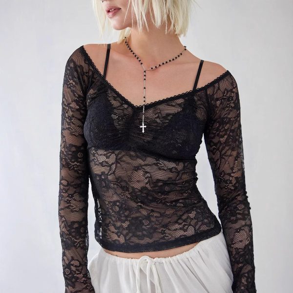 Women's Top Lace See-through V-neck - Image 2