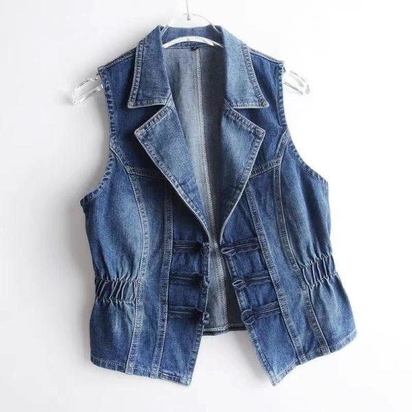 National Style Buckle Slim Suit Collar Denim Vest - Image 4