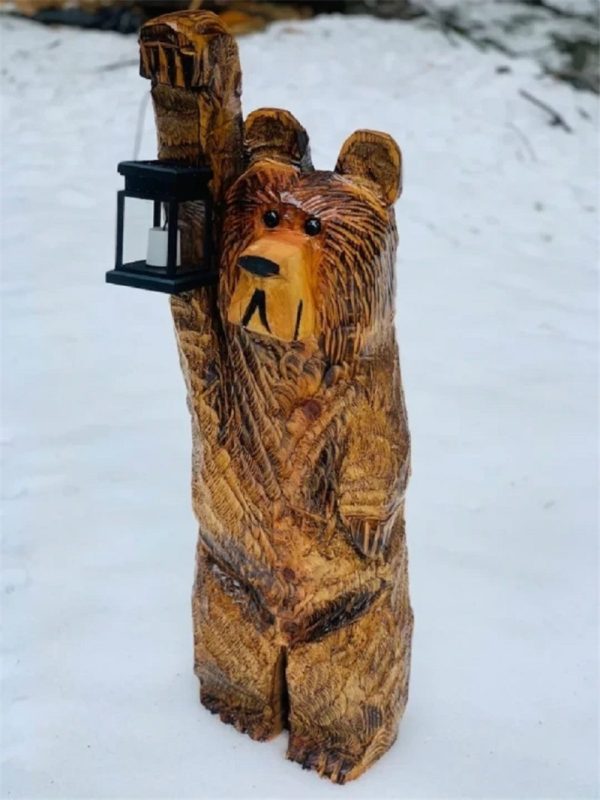 Cedar Carving Bear Resin Ornament Holding Lamp - Image 3